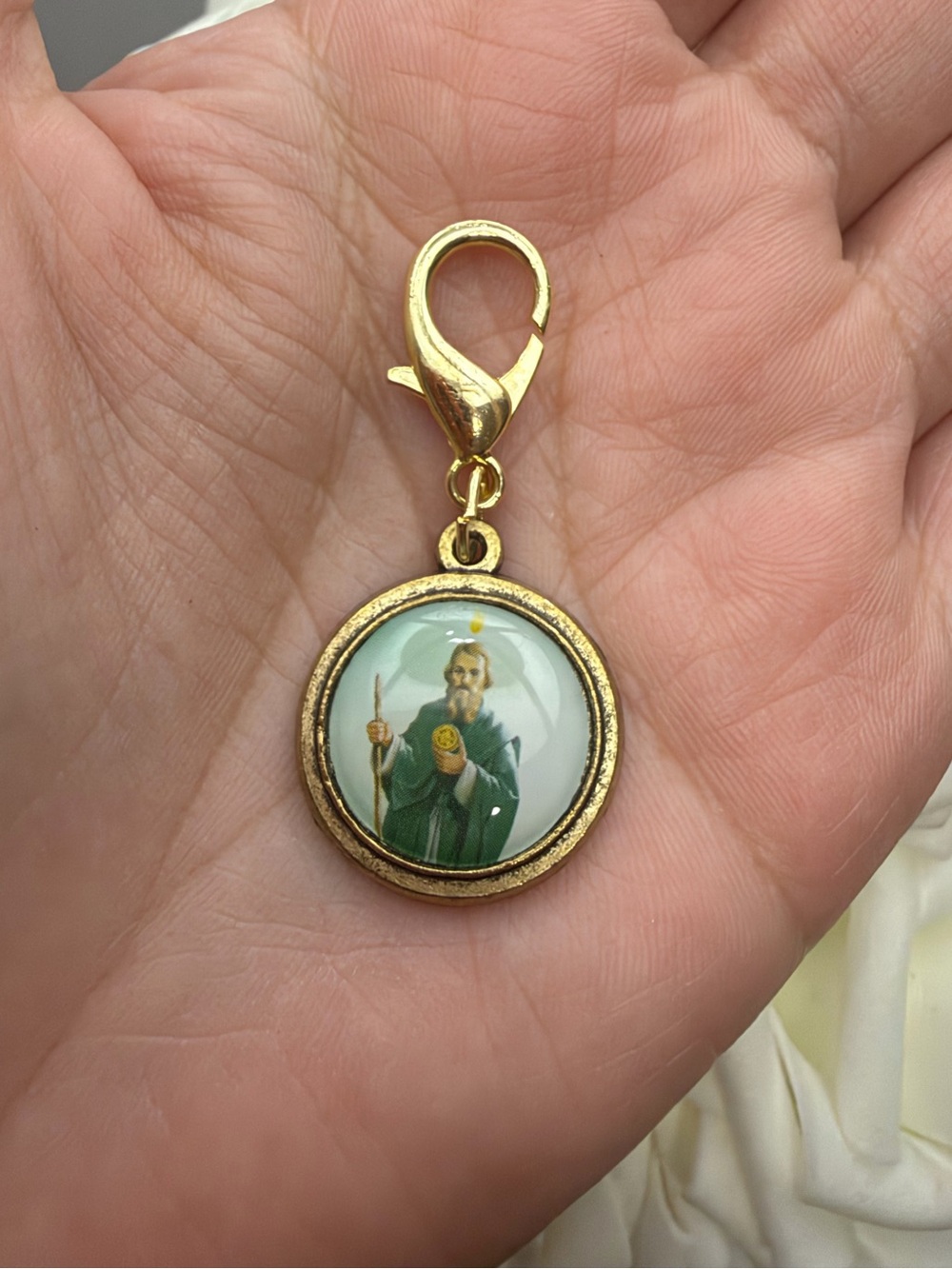 Gold-Tone Green Religious Medal Charm Clip
